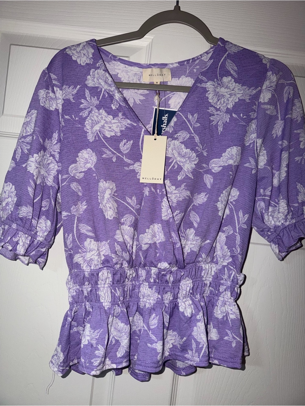MELLODAY Lavender Floral Wrap Peplum Blouse